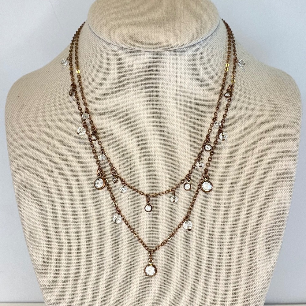 Avon‎ Double Strand Clear Crystal Layered Necklace Bronze Tone 16" Boho Romantic